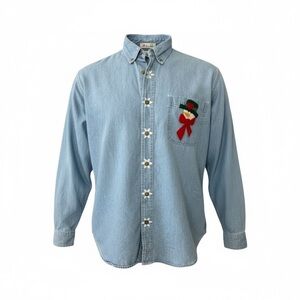 VTG ChannelMark Denim Shirt M Handcrafted Snowman Pocket Christmas Button Down